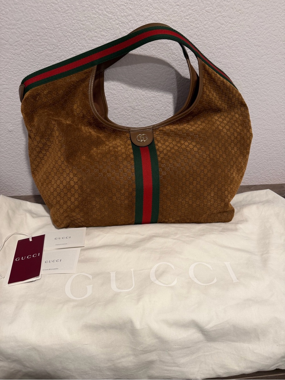 Gucci Giglio Tan Suede Hobo with Green-Red Web Stripe